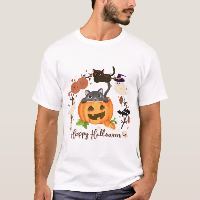 Halloween Pumpa Katt T Shirt (Framsida)