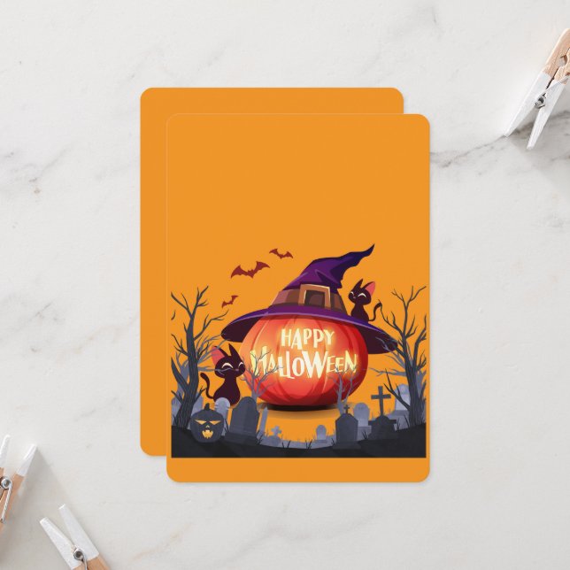 Halloween-pumpa, katter & häxhatt inbjudningar (Fram/Back In Situ)