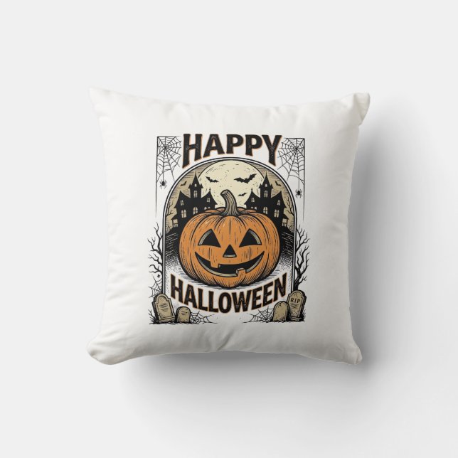 Halloween Pumpa Kyrkogård Vintage Kuslig Tee Art Kudde (Framsida)