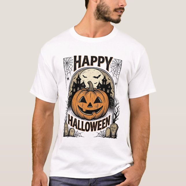Halloween Pumpa Kyrkogård Vintage Kuslig Tee Konst (Framsida)