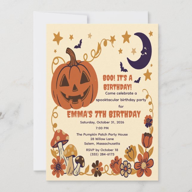 Halloween Pumpa Månad Blommig Inbjudan (Framsida)