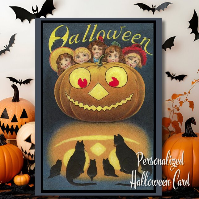 Halloween-pumpa med barn - anpassningsbar helgkort (Vintage Halloween Pumpkin with Children Custom Card with editable message. Just add your name!)