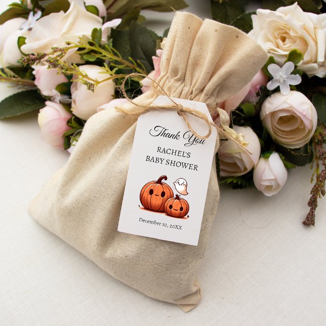Halloween-pumpa och bua | Babyfirande tackkort Presentetikett (Pumpkin-Themed Baby Shower Thank You Gift Tags)