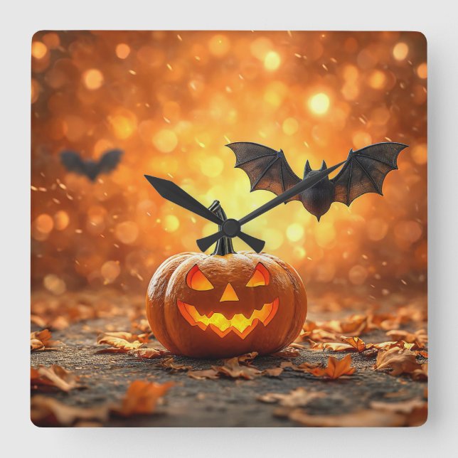 Halloween-pumpa och fladdermus fyrkantig klocka (Framsida)