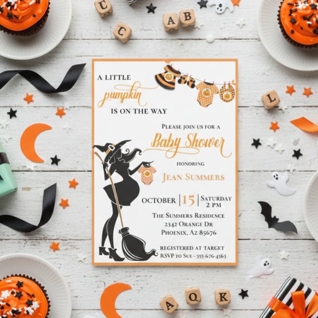 Halloween-pumpa på väg Kvinnlig häxa Baby Shower Inbjudningar (Skapare uppladdad)