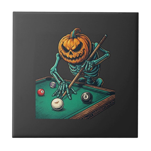 Halloween Pumpa Skelett Spelar Pool Biljard  Kakelplatta (Framsidan)