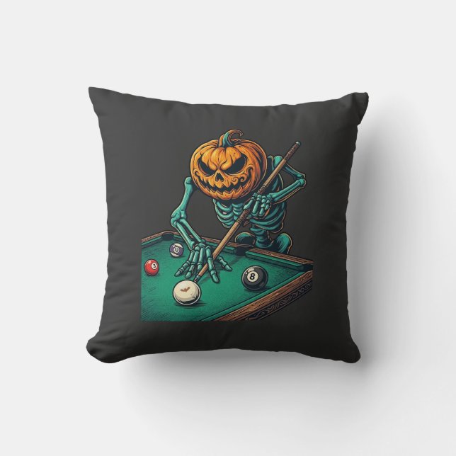 Halloween Pumpa Skelett Spelar Pool Biljard  Kudde (Framsida)