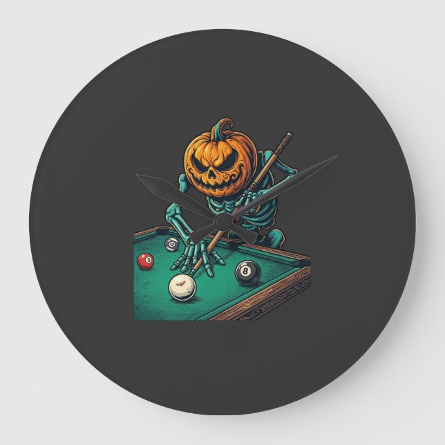 Halloween Pumpa Skelett Spelar Pool Biljard  Stor Klocka (Framsida)
