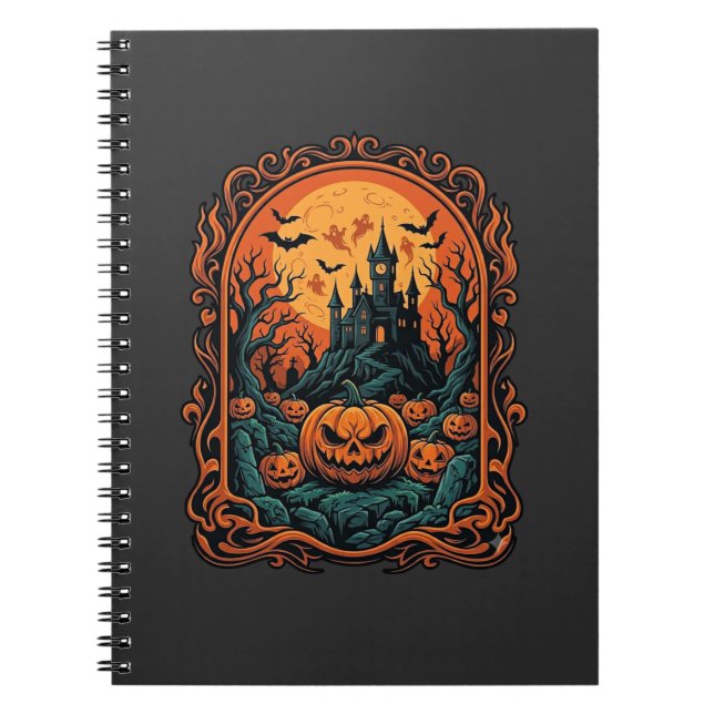 Halloween Pumpa Spökhus Fullmåne Fladdermöss Anteckningsbok (Framsidan)