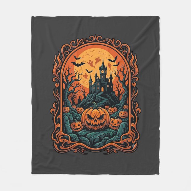 Halloween Pumpa Spökhus Fullmåne Fladdermöss Fleecefilt (Framsidan)