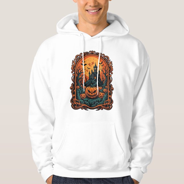 Halloween Pumpa Spökhus Fullmåne Fladdermöss Hoodie (Framsida)