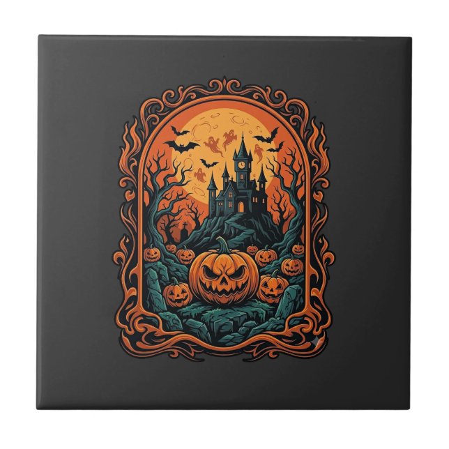 Halloween Pumpa Spökhus Fullmåne Fladdermöss Kakelplatta (Framsidan)