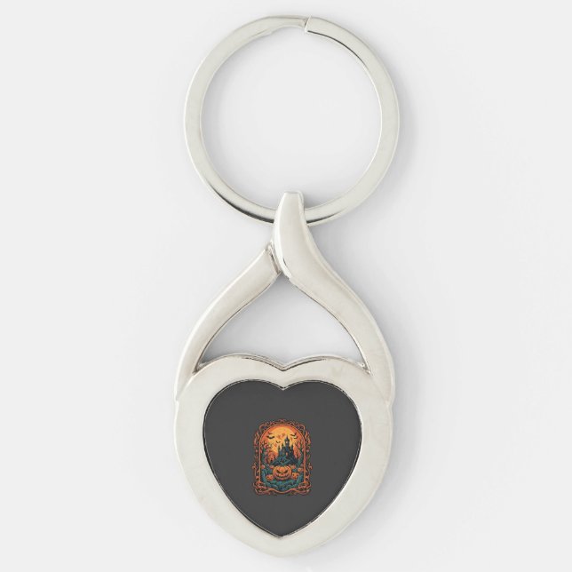 Halloween Pumpa Spökhus Fullmåne Fladdermöss Twisted Heart Silverfärgad Nyckelring (Framsidan)