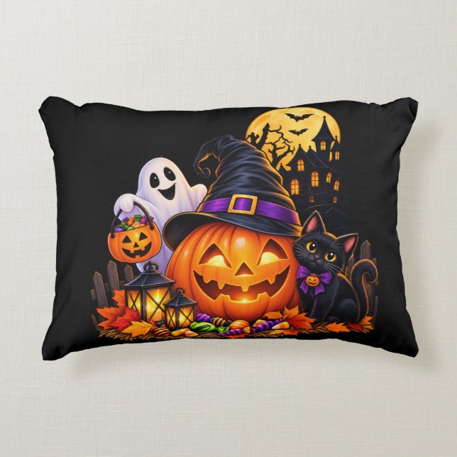 Halloween Pumpa & Svart Katt Kudd Prydnadskudde (Framsidan)