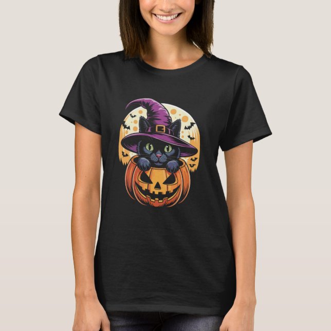Halloween pumpa svart katt läskig spökig present t shirt (Framsida)