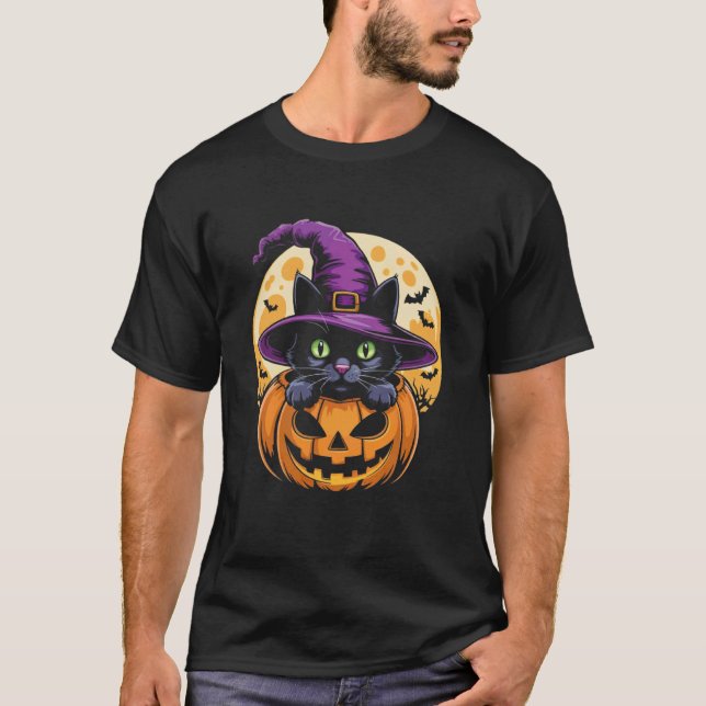 Halloween-pumpa svart katt läskig spökig present t shirt (Framsida)