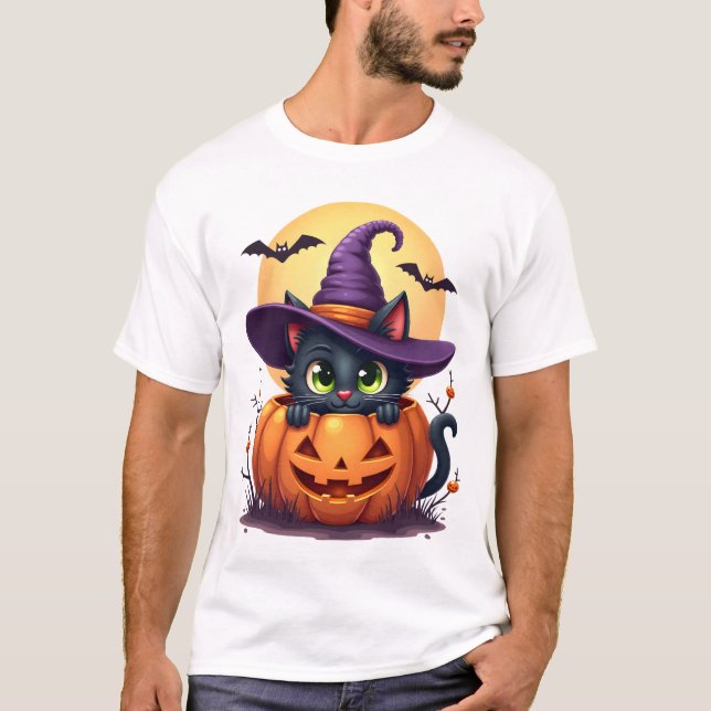 Halloween pumpa svart katt t shirt (Framsida)