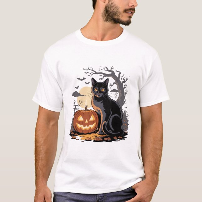 halloween-pumpa svart katt t shirt (Framsida)