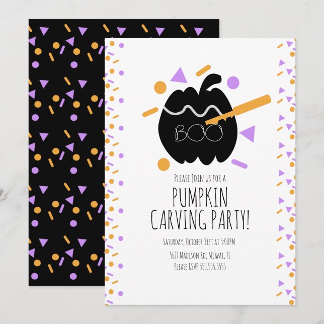 Halloween Pumpa Urgröpning Svart Pumpa Konfetti Inbjudningar (Fram/baksida)