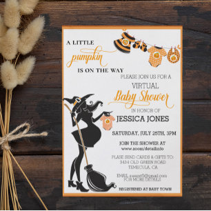 Halloween Pumpa Virtuell Häx Baby Shower Inbjudningar