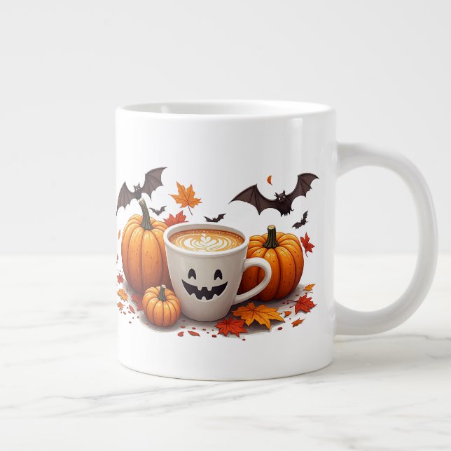 Halloween Pumpakaffe Med Fladdermöss Och Höstlöv Jumbo Mugg (Höger)