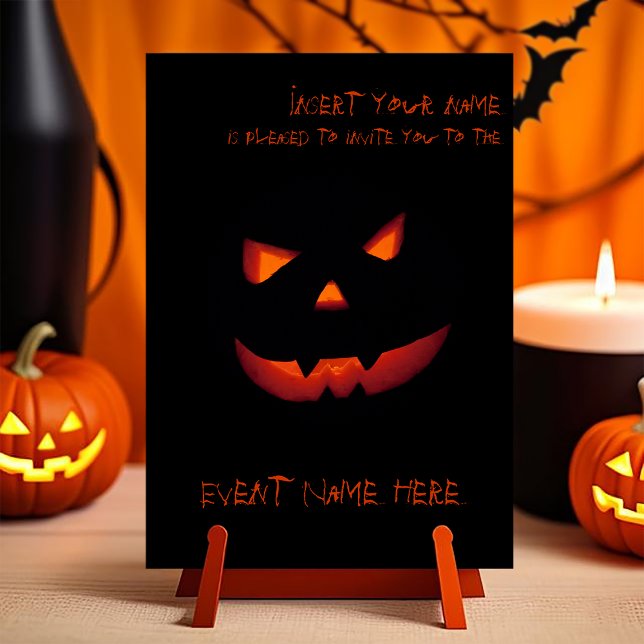 Halloween Pumpkin 001 Inbjudningar (Customizable invitation with the image of a scary smiling halloween carved pumpkin. )