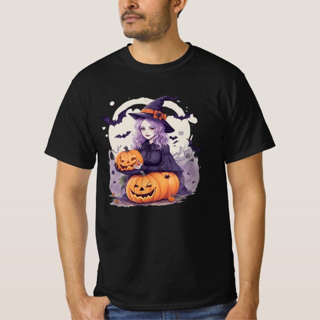 halloween pumpkin and halloween witch bats t shirt (Framsida)