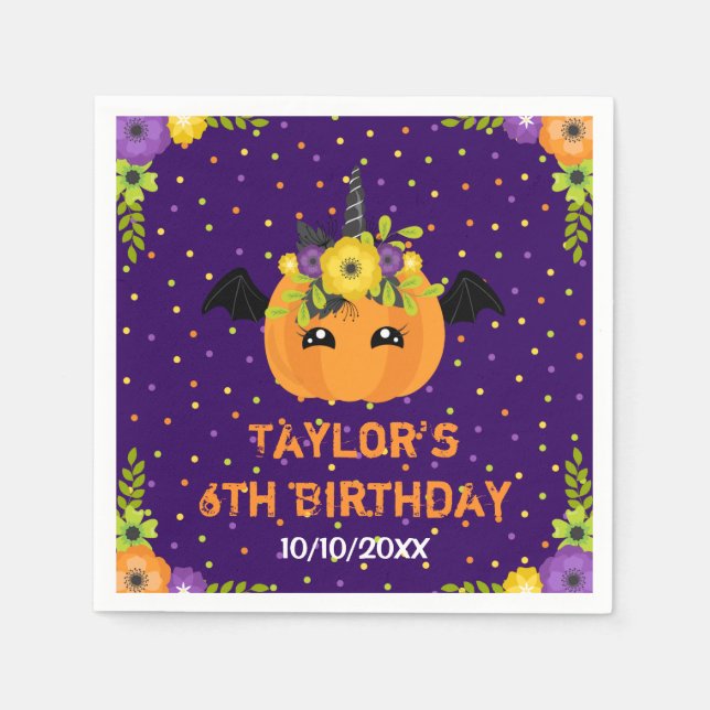 Halloween Pumpkin Birthday Black och Lila Napkin Pappersservett (Framsidan)