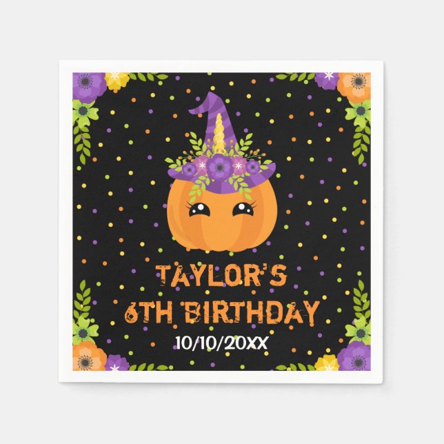 Halloween Pumpkin Birthday Black och Orange Napkin Pappersservett (Framsidan)