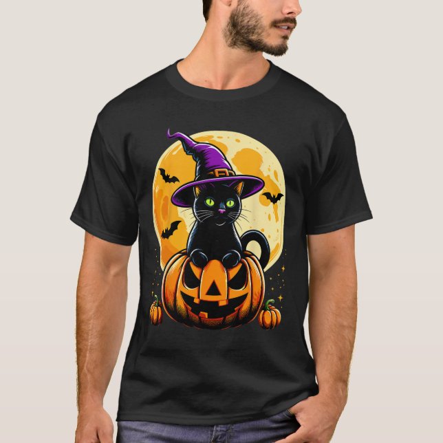 Halloween Pumpkin Black Cat T Shirt (Framsida)
