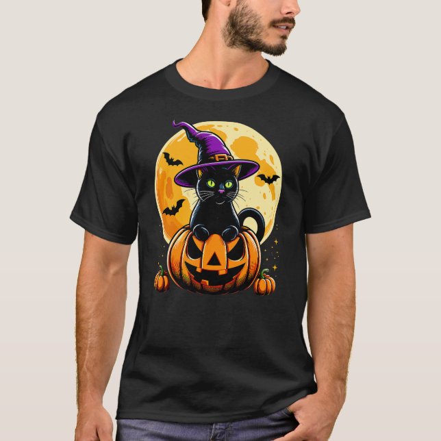 Halloween Pumpkin Black Cat T Shirt (Framsida)
