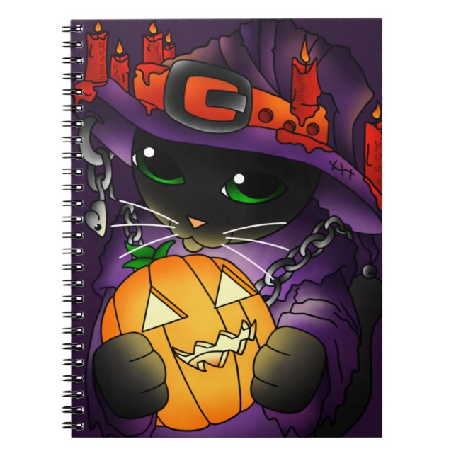 Halloween Pumpkin Black Witch Cat Anteckningsbok (Framsidan)