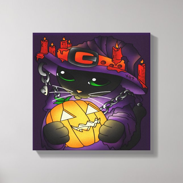 Halloween Pumpkin Black Witch Cat Canvastryck (Framsida)