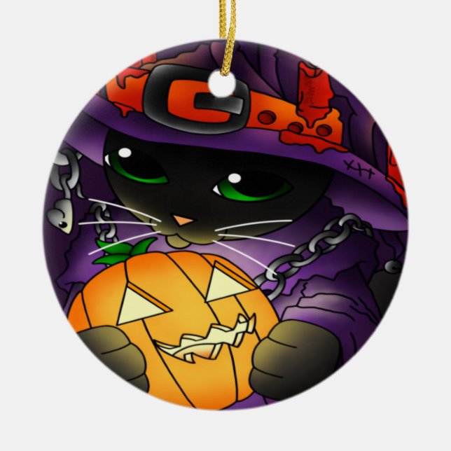 Halloween Pumpkin Black Witch Cat Julgransprydnad Keramik (Framsidan)