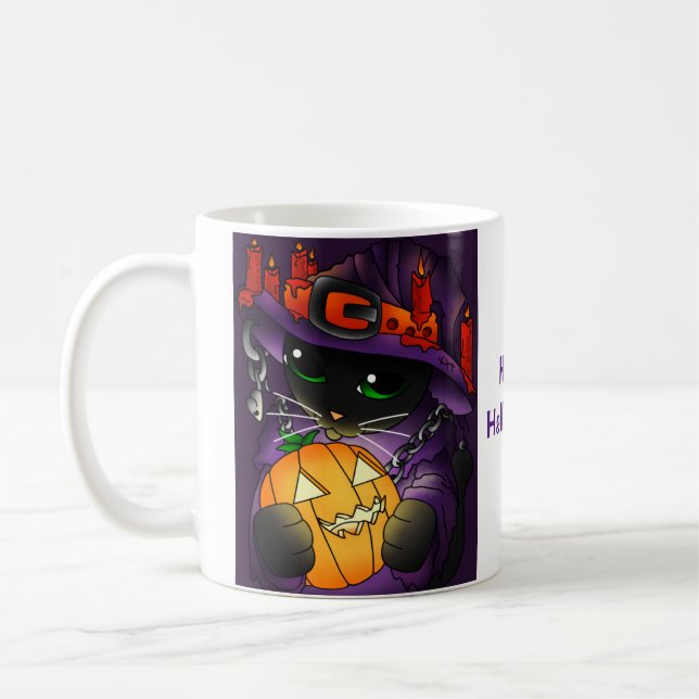 Halloween Pumpkin Black Witch Cat Kaffemugg (Vänster)