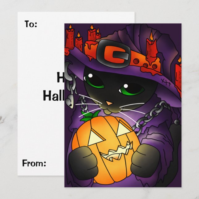 Halloween Pumpkin Black Witch Cat Kort (Fram/baksida)