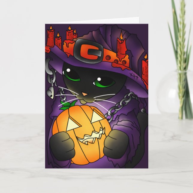 Halloween Pumpkin Black Witch Cat Kort (Framsida)