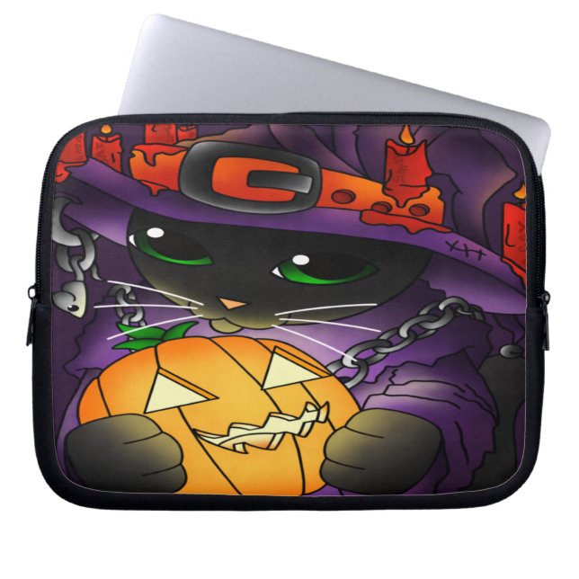 Halloween Pumpkin Black Witch Cat Laptop Fodral (Framsidan)