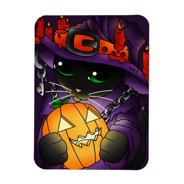Halloween Pumpkin Black Witch Cat Magnet (Vertikal)