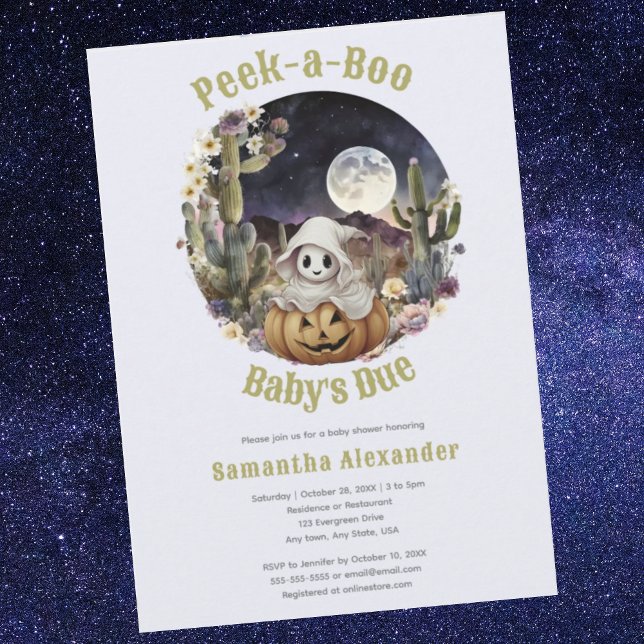 Halloween Pumpkin Boo babydusch Inbjudningar (Halloween Pumpkin Peek a Boo baby shower invitation.  Cute ghost peeking from pumpkin in the desert.)
