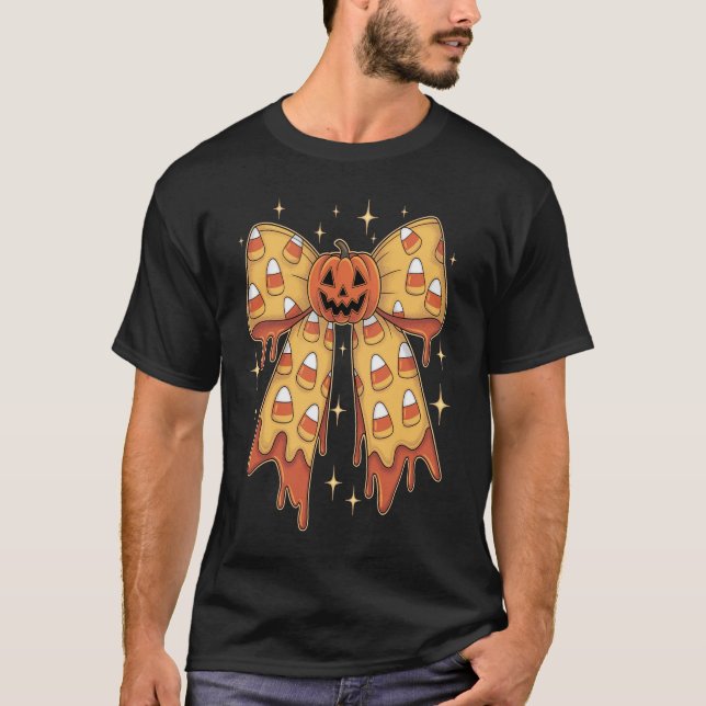 Halloween Pumpkin Bow Candy Corn T Shirt (Framsida)