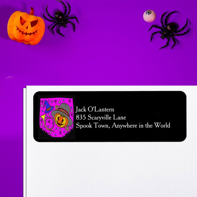 Halloween Pumpkin Bugle Lila Returadress Etikett (Halloween Pumpkin Bugle Purple Return Address Label)