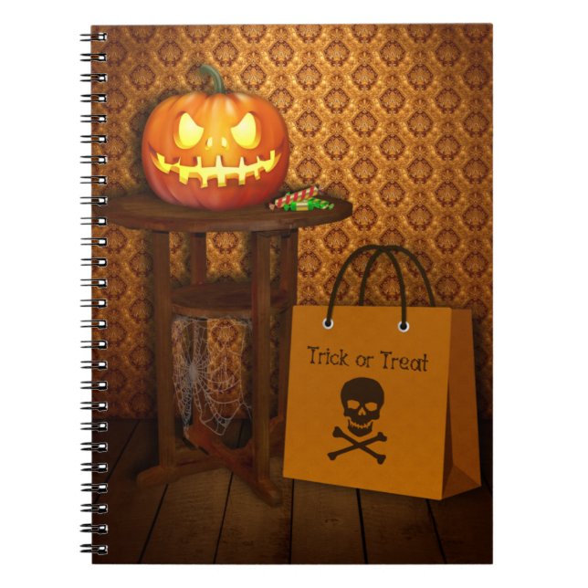 Halloween Pumpkin Bus eller godis Anteckningsbok Med Spiral (Framsidan)