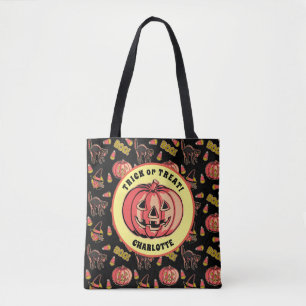 Halloween Pumpkin Bus eller godis Bag med namn Tygkasse