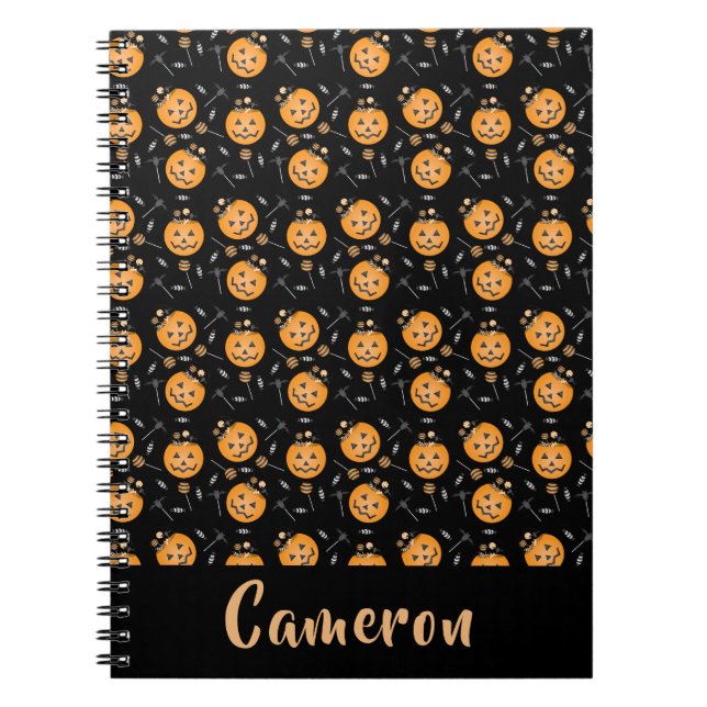 Halloween Pumpkin Bus eller godis Namn personalize Anteckningsbok (Framsidan)