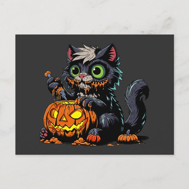 Halloween Pumpkin Carving Cat Vykort (Framsida)