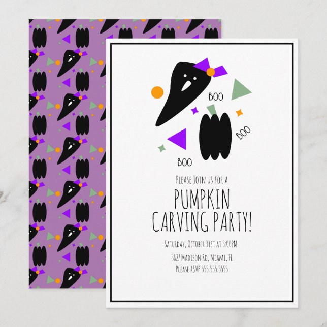 Halloween Pumpkin Carving Cute Ghost Confetti Inbjudningar (Fram/baksida)
