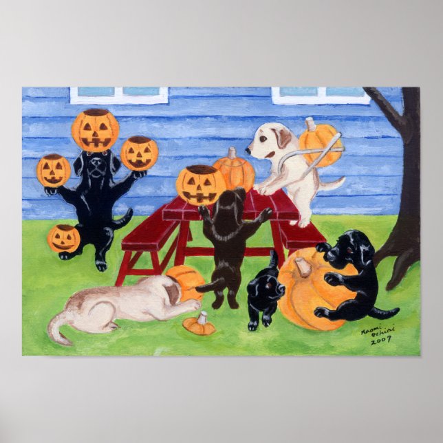 Halloween Pumpkin Carving Labradors Artwork Poster (Framsidan)