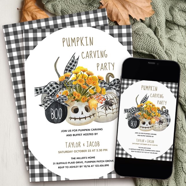 Halloween Pumpkin Carving Party Farmhouse Pumpkins Inbjudningar (Halloween Pumpkin Carving Party Invitation with stylish farmhouse plaid and fall flowers)