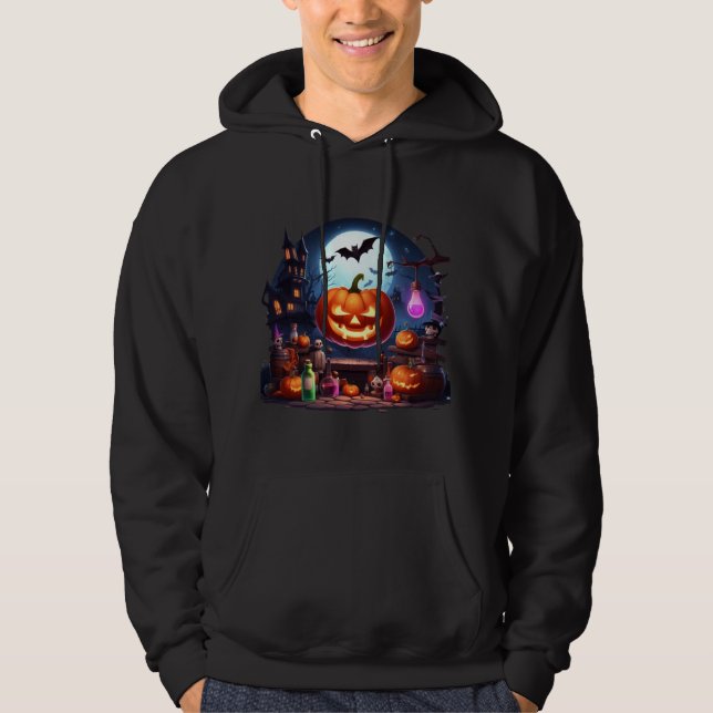 Halloween Pumpkin Castle Party Fladdermus Måne Mag Hoodie (Framsida)